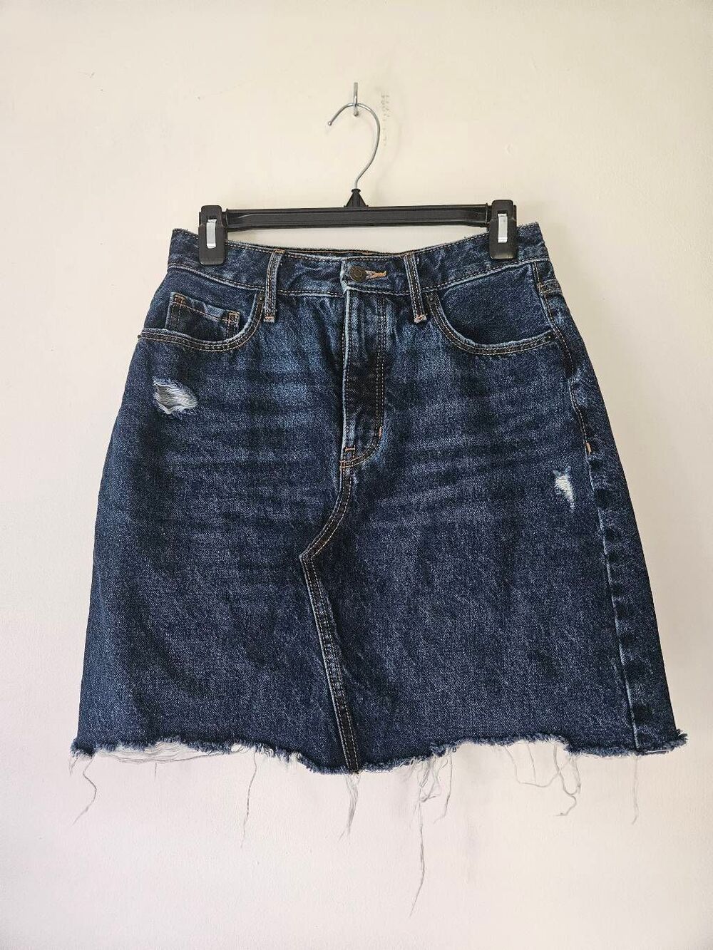 Old Navy High Waist Distressed Denim Mini Skirt Women's Size 6 Dark Wash Raw Hem